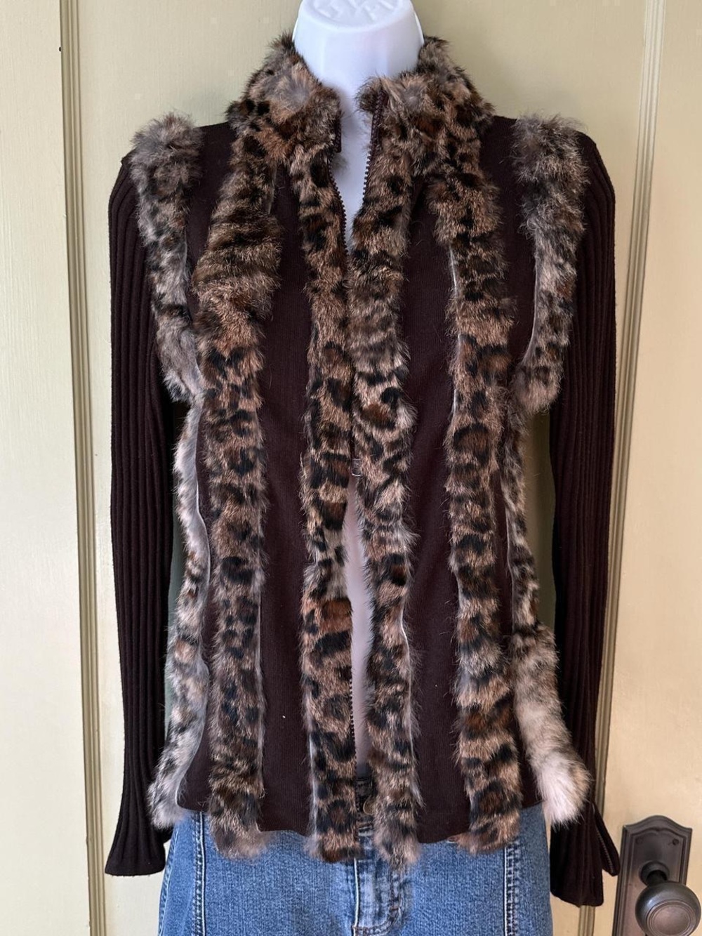 Faux Fur Leopard Trim Brown Zip Cardigan